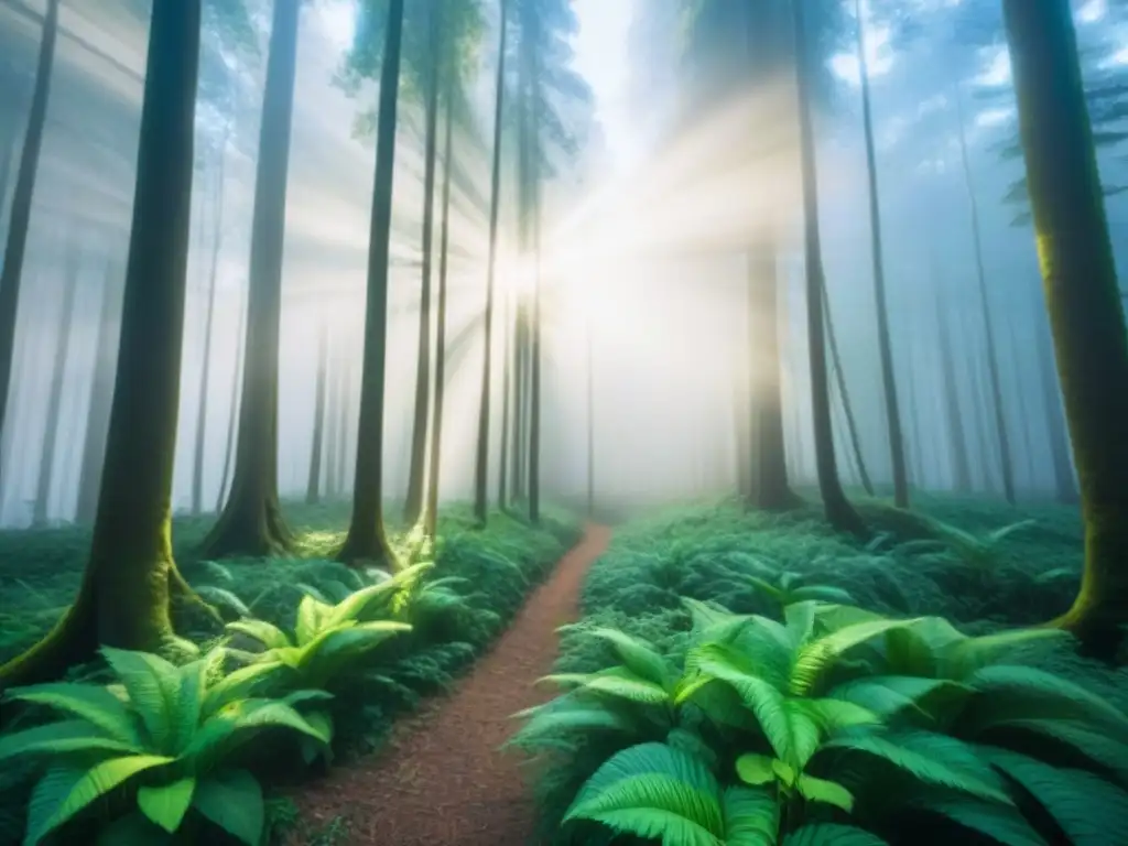 Bosque verde exuberante con rayos de sol filtrándose, creando armonía