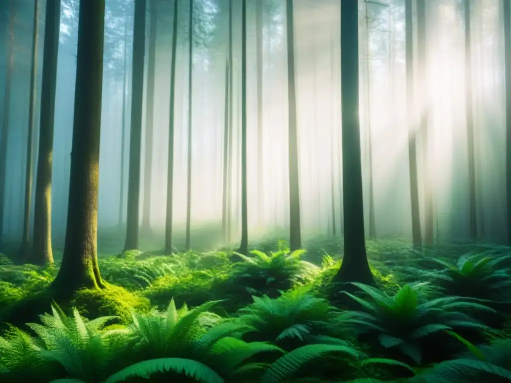 Un bosque verde exuberante con rayos de luz filtrándose entre el dosel, resaltando la belleza y sostenibilidad de la naturaleza en contraste con el impacto ambiental de diferentes tipos de baterías