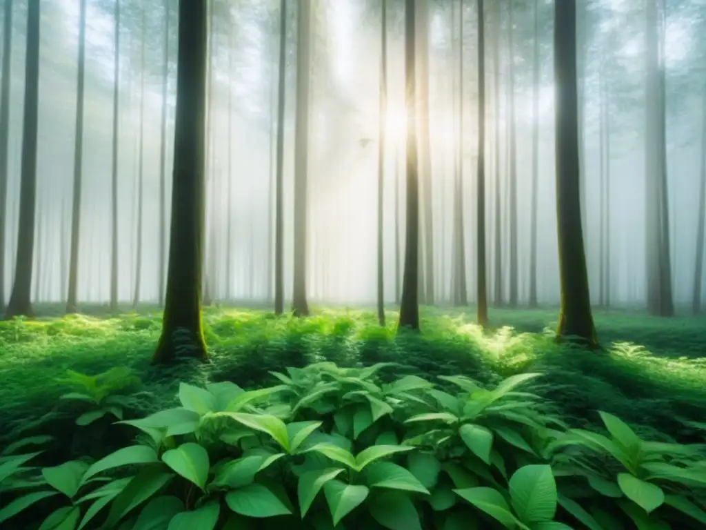 Un bosque verde exuberante con rayos de sol filtrándose entre las hojas, reflejando la importancia de la sostenibilidad