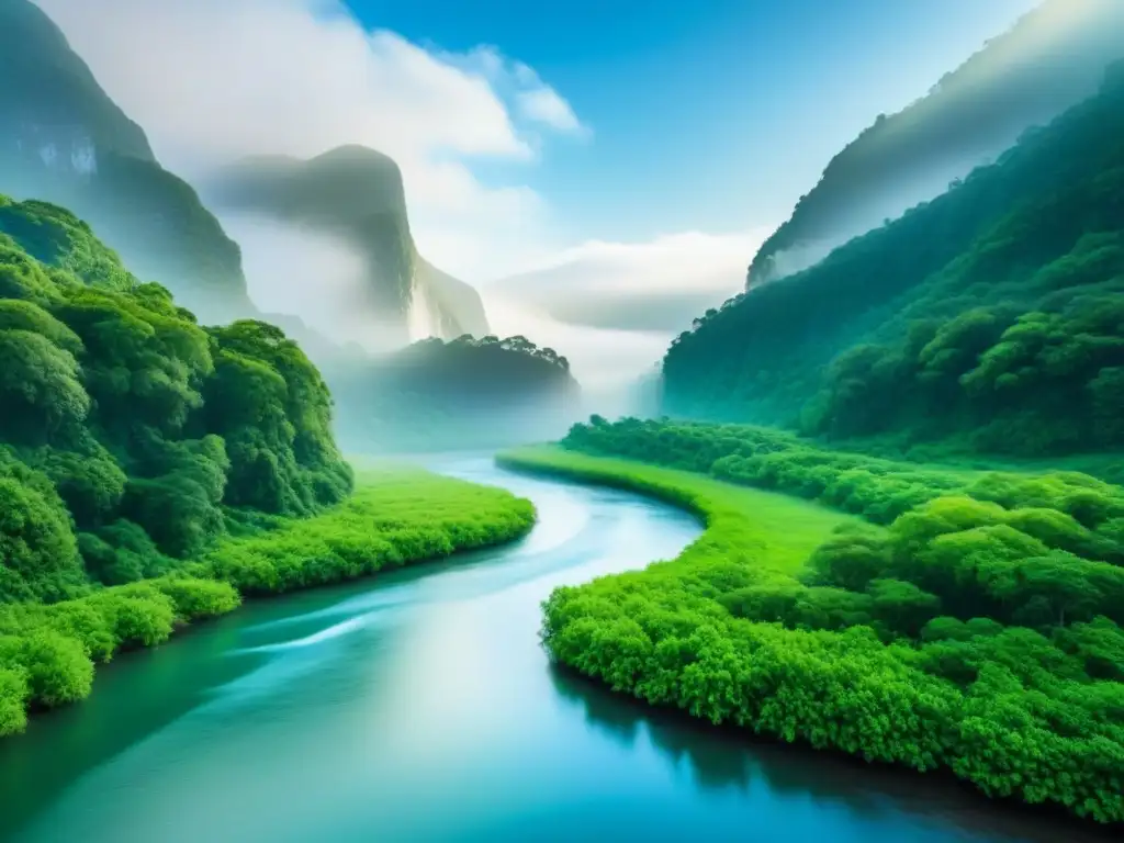 Un bosque verde exuberante con un río sereno y cielo azul