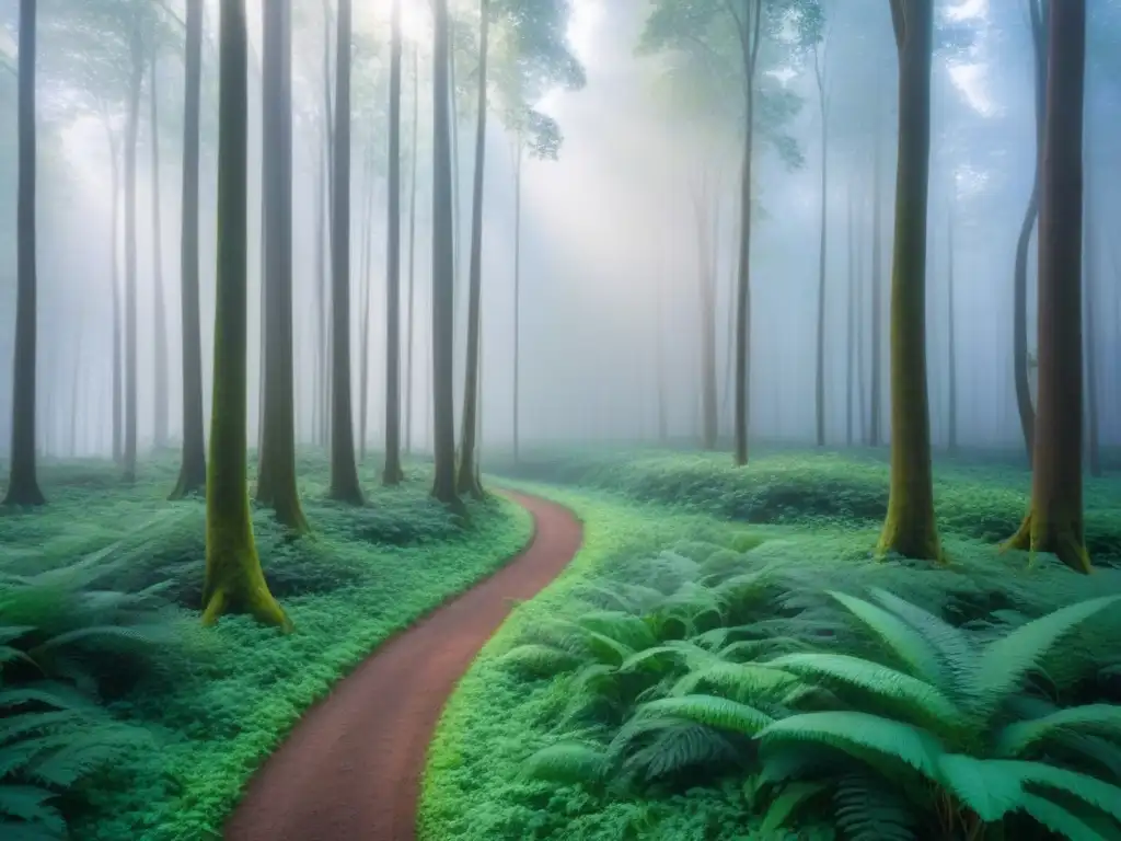 Un bosque verde exuberante con un sendero serpenteante, iluminado por el sol