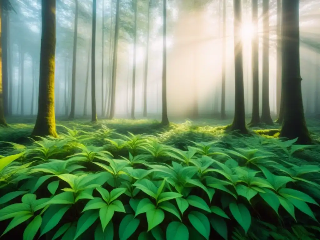 Un bosque verde exuberante y sereno, con luz filtrándose entre las hojas