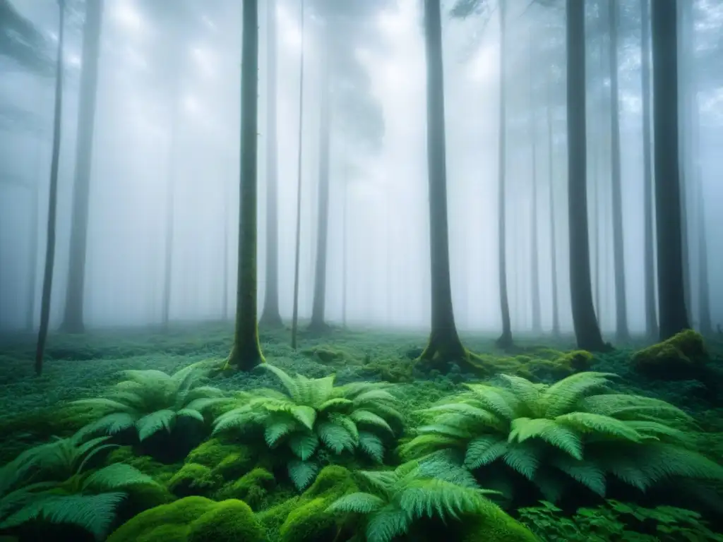 Un bosque verde exuberante con una suave niebla y luz filtrada, transmitiendo tranquilidad