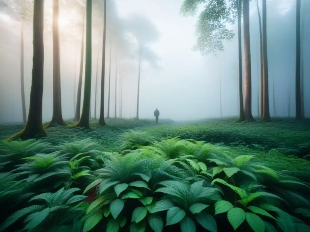 Un bosque verde exuberante con una suave neblina, efectos visuales en narrativa ambiental