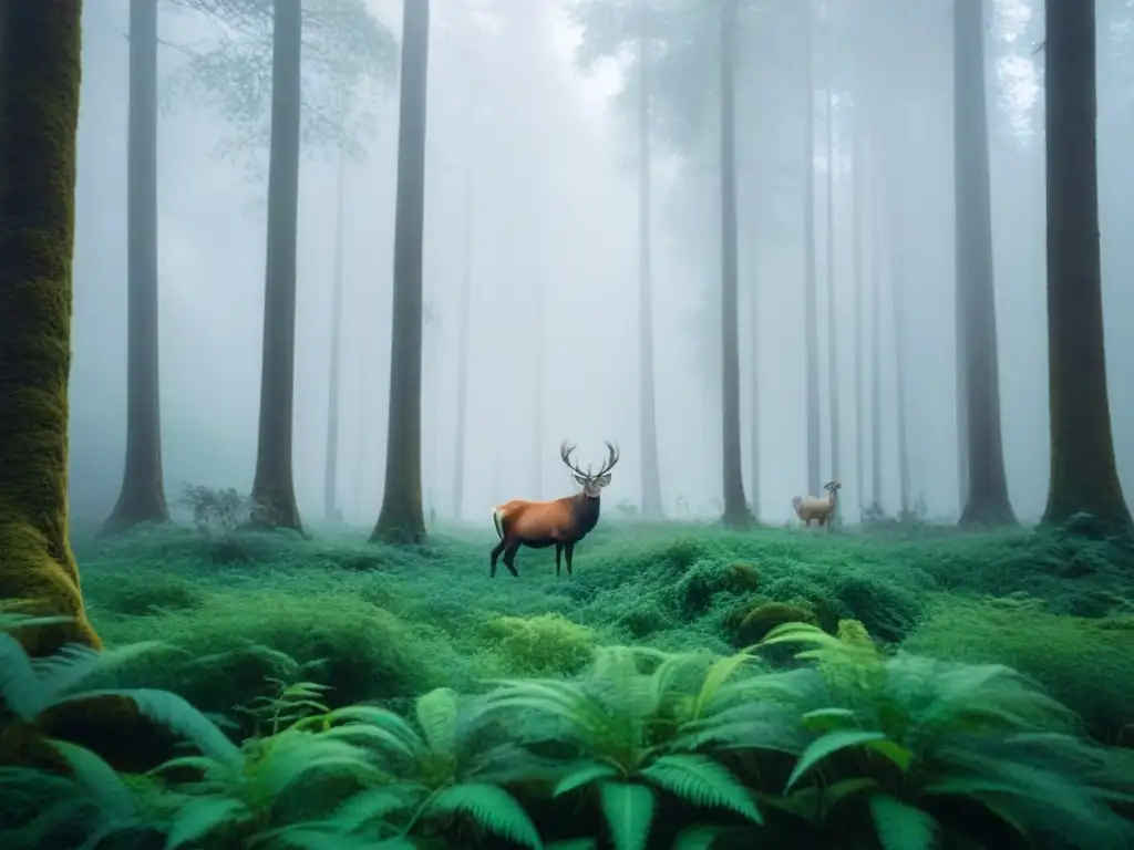 Un bosque verde exuberante con vida silvestre en armonía, una narrativa visual ecológica sostenible