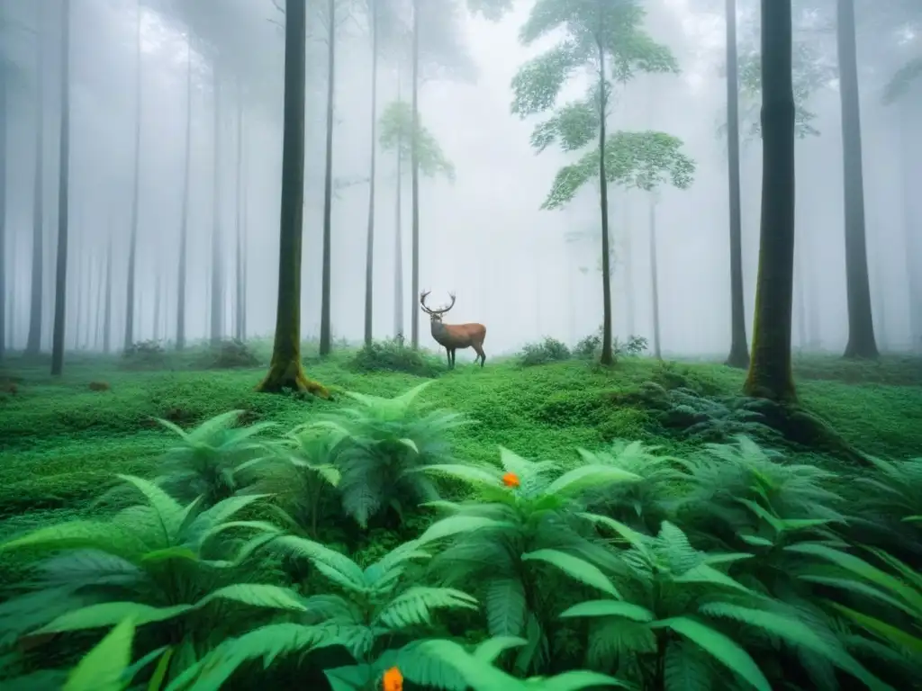 Un bosque verde exuberante con vida silvestre armoniosa, como aves, ciervos y mariposas, destaca la poesía en movimiento ambiental