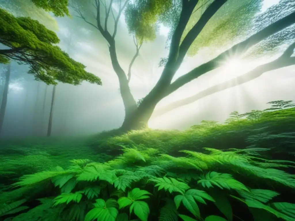 Un bosque verde exuberante visto desde abajo, con luz solar filtrándose entre las hojas, creando una atmósfera tranquila y sostenible