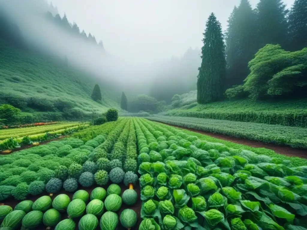 Bosque verde con frutas y verduras, ecoamigable y sostenible