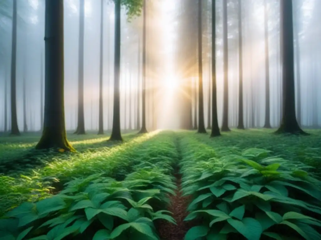 Bosque verde con luz solar filtrándose entre hojas, creando sombras