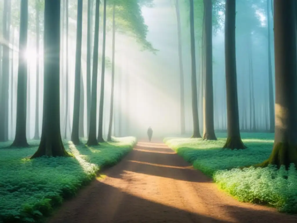 Bosque verde con luz solar filtrándose entre las hojas