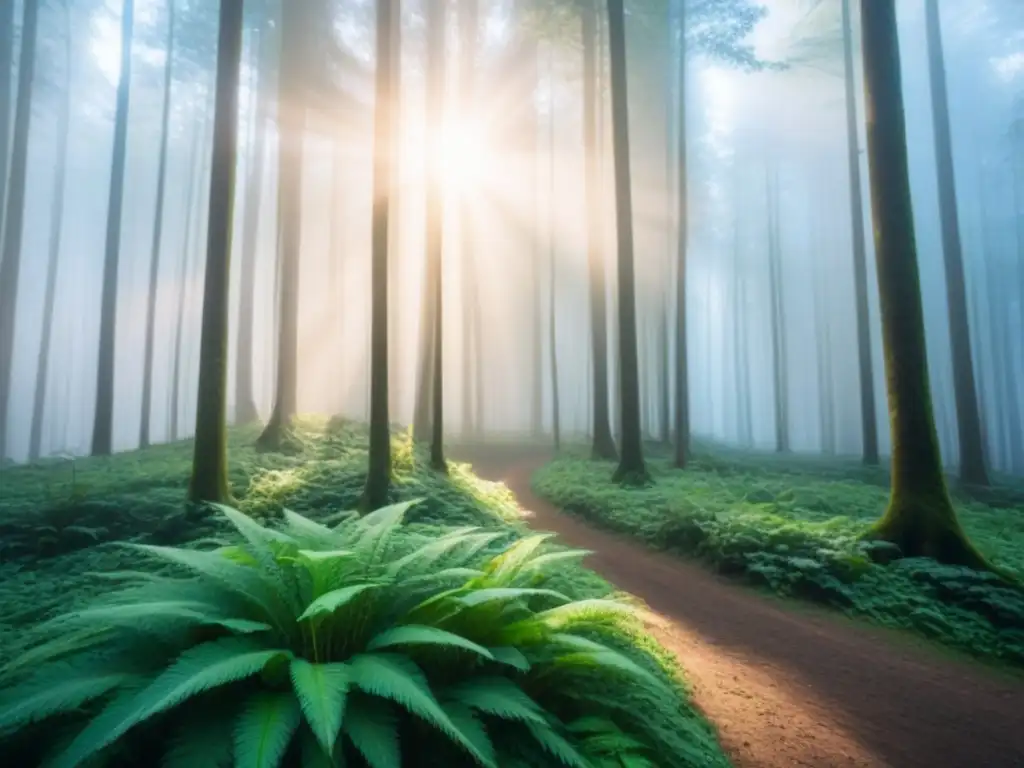 Bosque verde con luz solar filtrándose entre las hojas, reflejando la belleza y la importancia del consumo responsable desarrollo sostenible