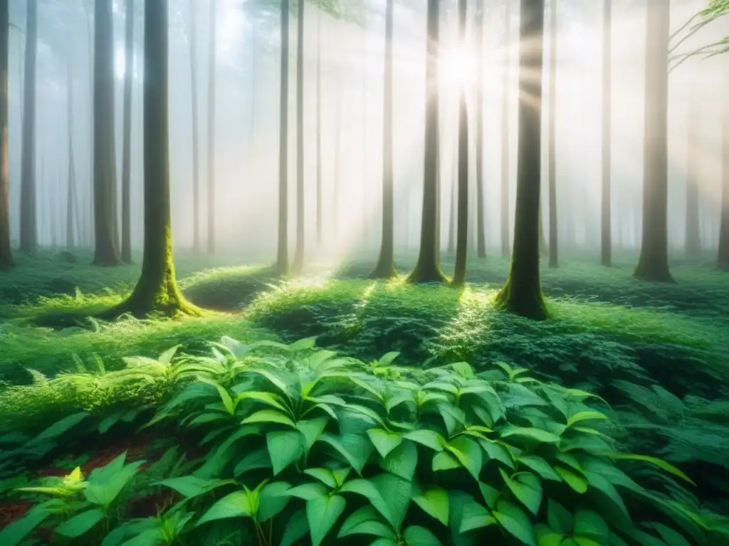 Bosque verde con luz solar filtrándose entre las hojas, generando sombras en el suelo