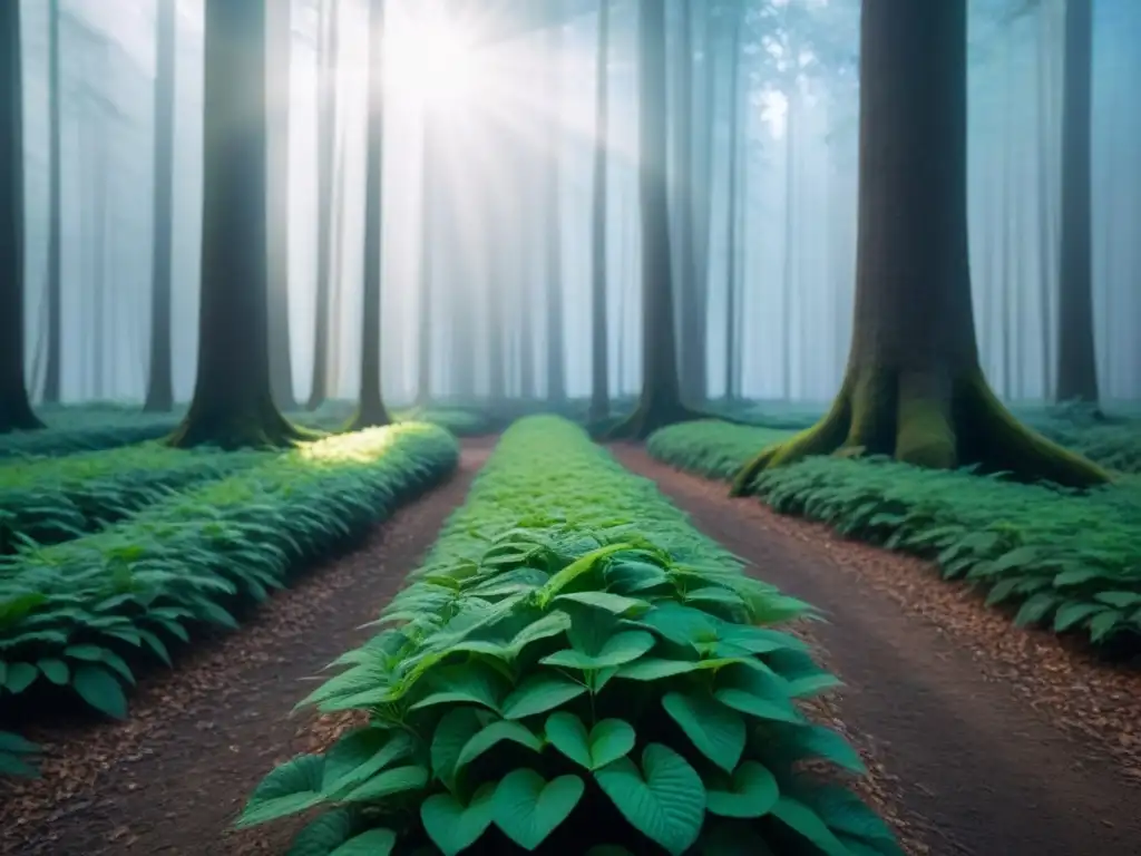 Bosque verde con luz solar filtrándose entre las hojas, creando sombras en el suelo