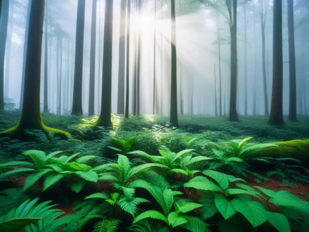 Bosque verde con luz solar filtrándose entre el dosel, resaltando la importancia de la educación ambiental para un estilo de vida sostenible