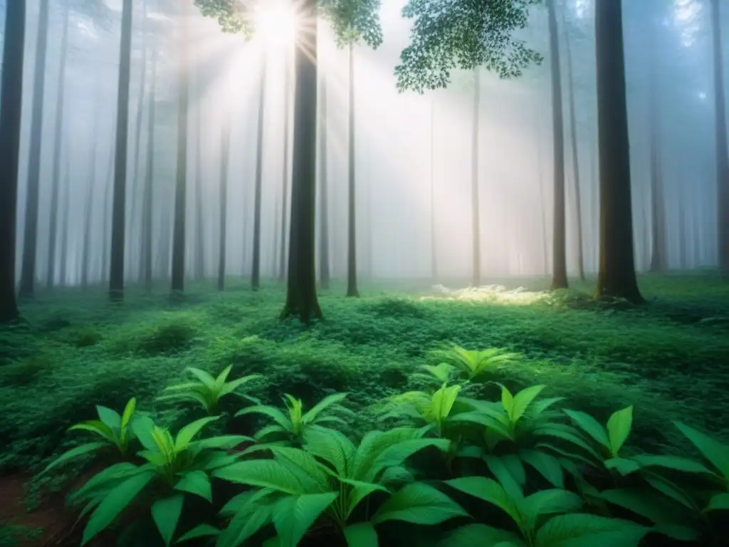 Bosque verde con luz solar filtrándose entre los árboles, resaltando la importancia de la educación ambiental para objetivos sostenibles