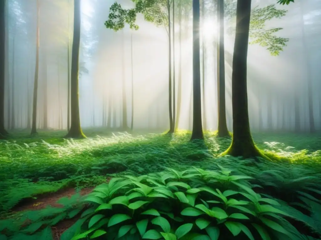 Bosque verde con luz solar entre hojas, sombras en el suelo