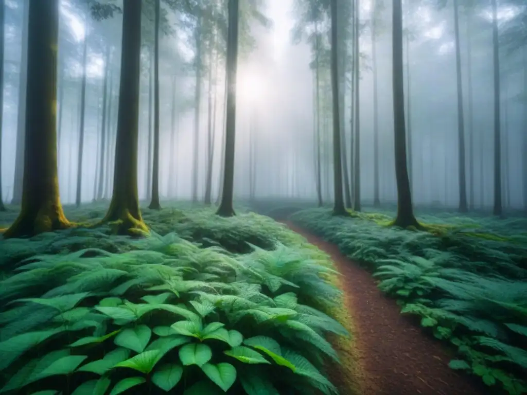 Bosque verde con luz solar filtrándose entre el dosel, creando sombras en el suelo