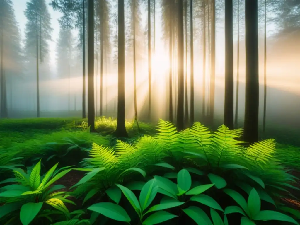 Bosque verde con luz solar entre hojas, simbolizando crecimiento y sostenibilidad