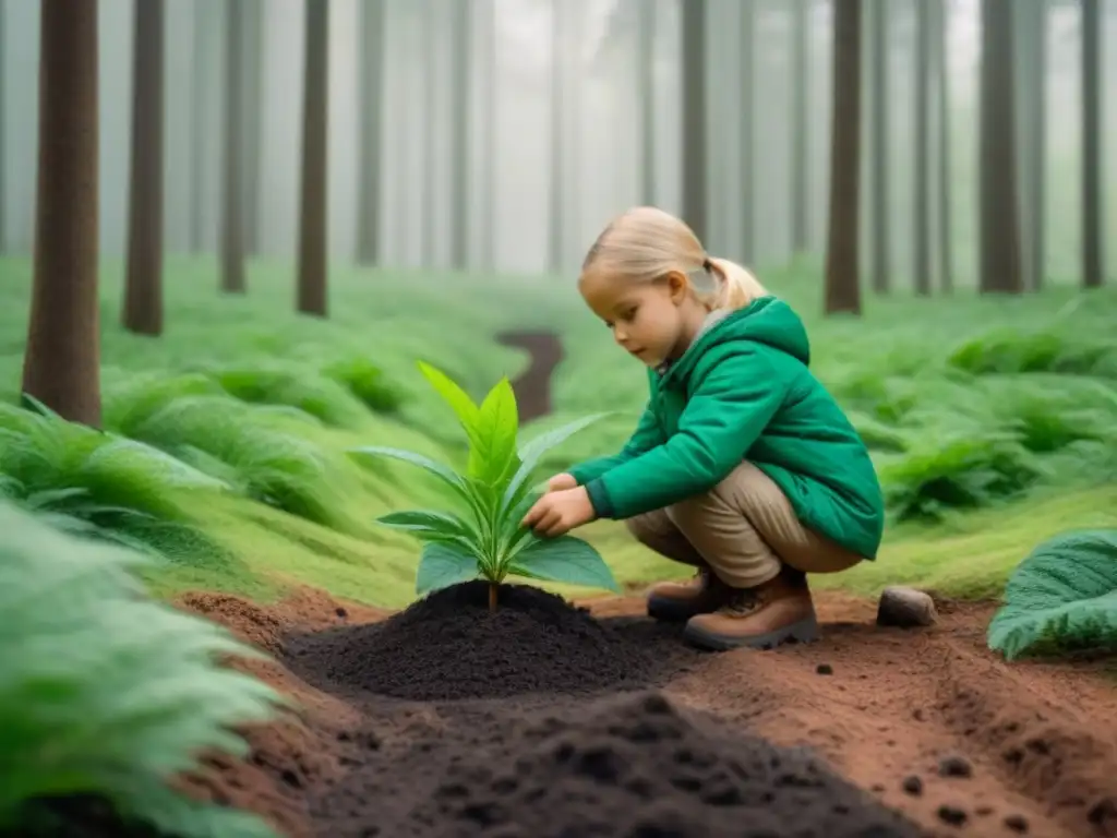 Un bosque verde donde niños plantan árboles, resaltando la belleza de la naturaleza y las actividades sostenibles para niños