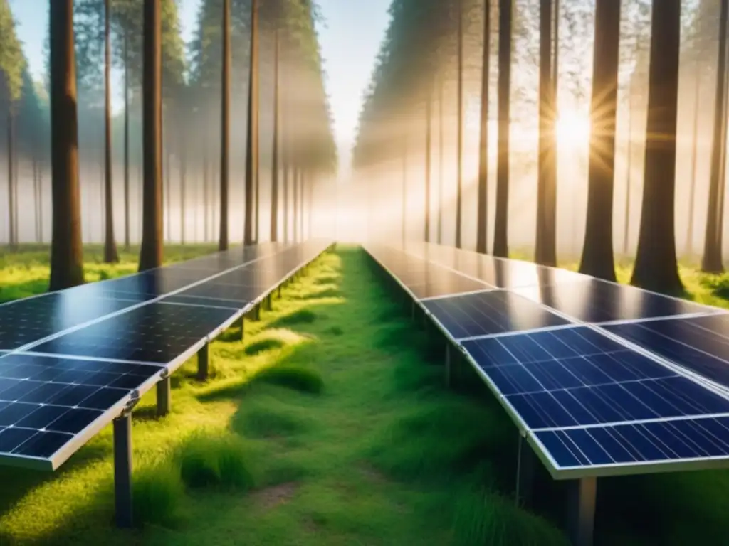 Bosque verde con paneles solares integrados, simbolizando la armonía entre energía solar y biodiversidad