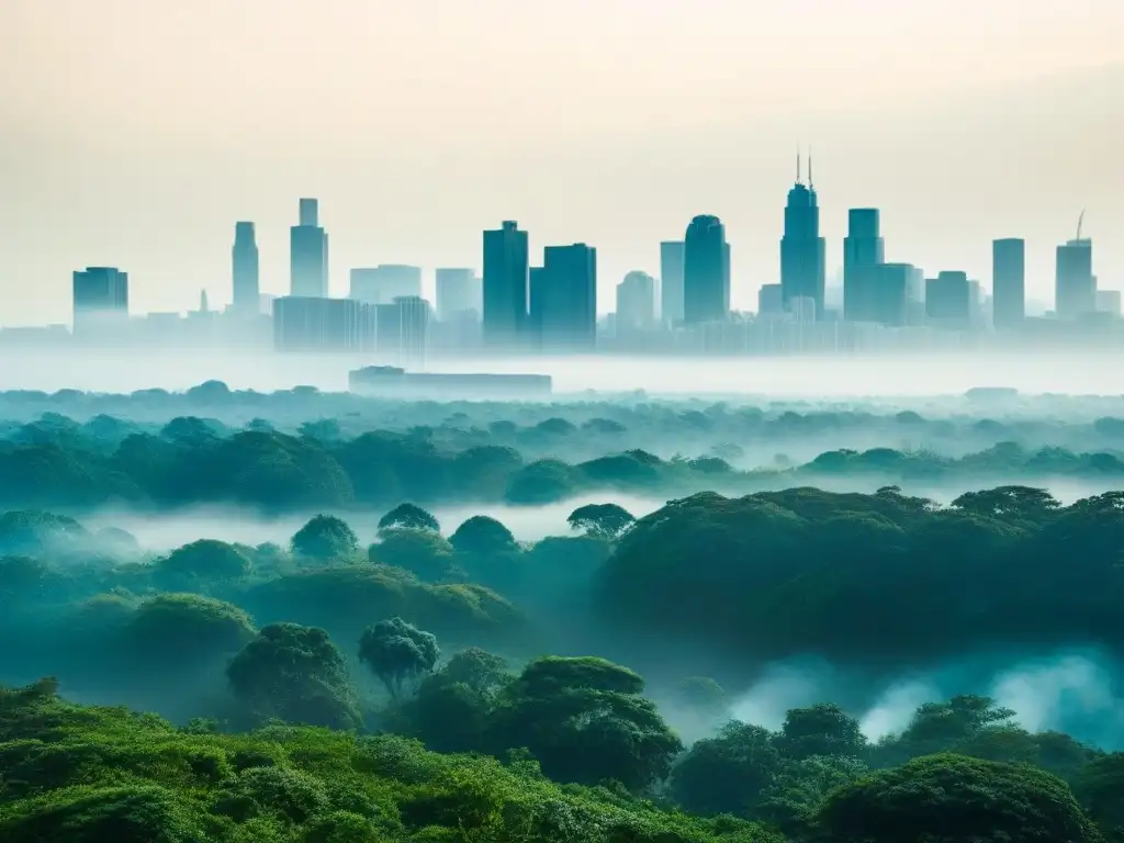 El bosque verde rebosa vida en armonía, contrastando con la contaminación de la ciudad