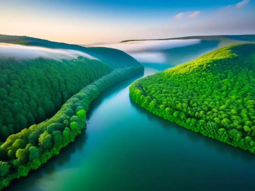 Amanecer sobre un bosque verde con río, capturado por un dron