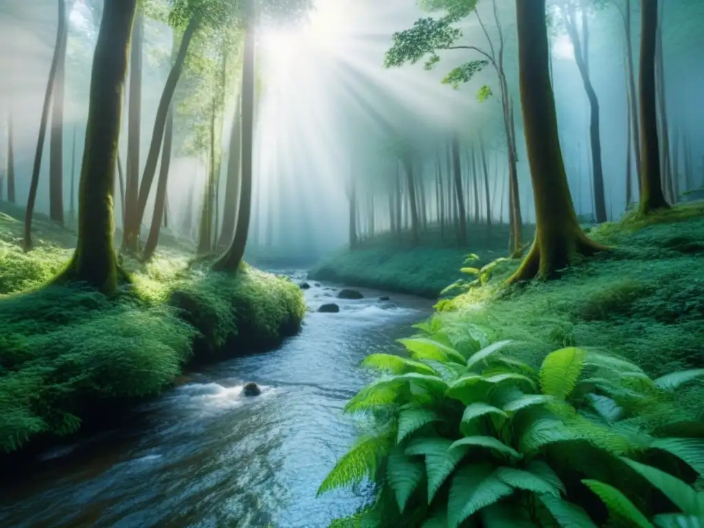 Bosque verde con río serpenteante, fauna variada y luz filtrándose en la densa vegetación