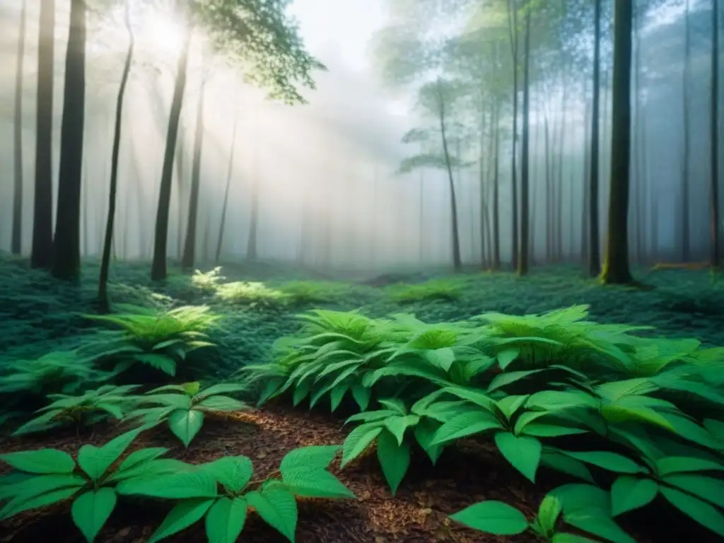 Un bosque verde y sereno, con luz filtrándose entre las hojas, creando sombras