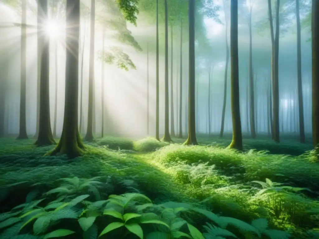 Bosque verde sereno con luz solar filtrándose entre las hojas, reflejando sombras