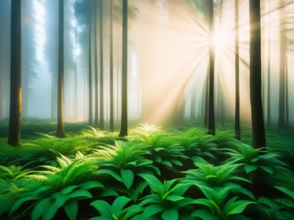 Bosque verde sereno con luz solar filtrándose entre las hojas, reflejando la esencia de Fondos de inversión sostenibles