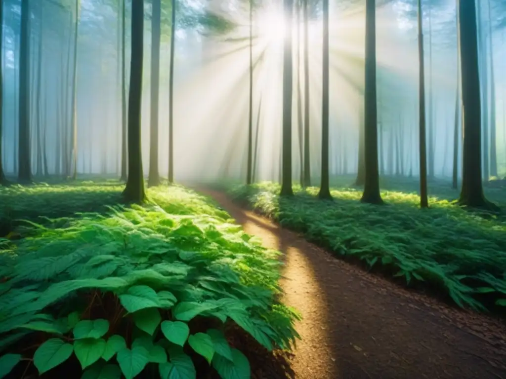 Un bosque verde sereno con luz solar filtrándose entre las hojas, creando sombras moteadas en el suelo del bosque