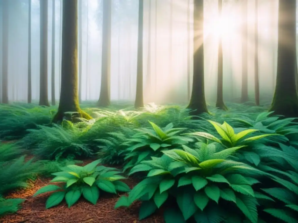 Bosque verde sereno con luz solar entre hojas, proyectando sombras suaves en el suelo