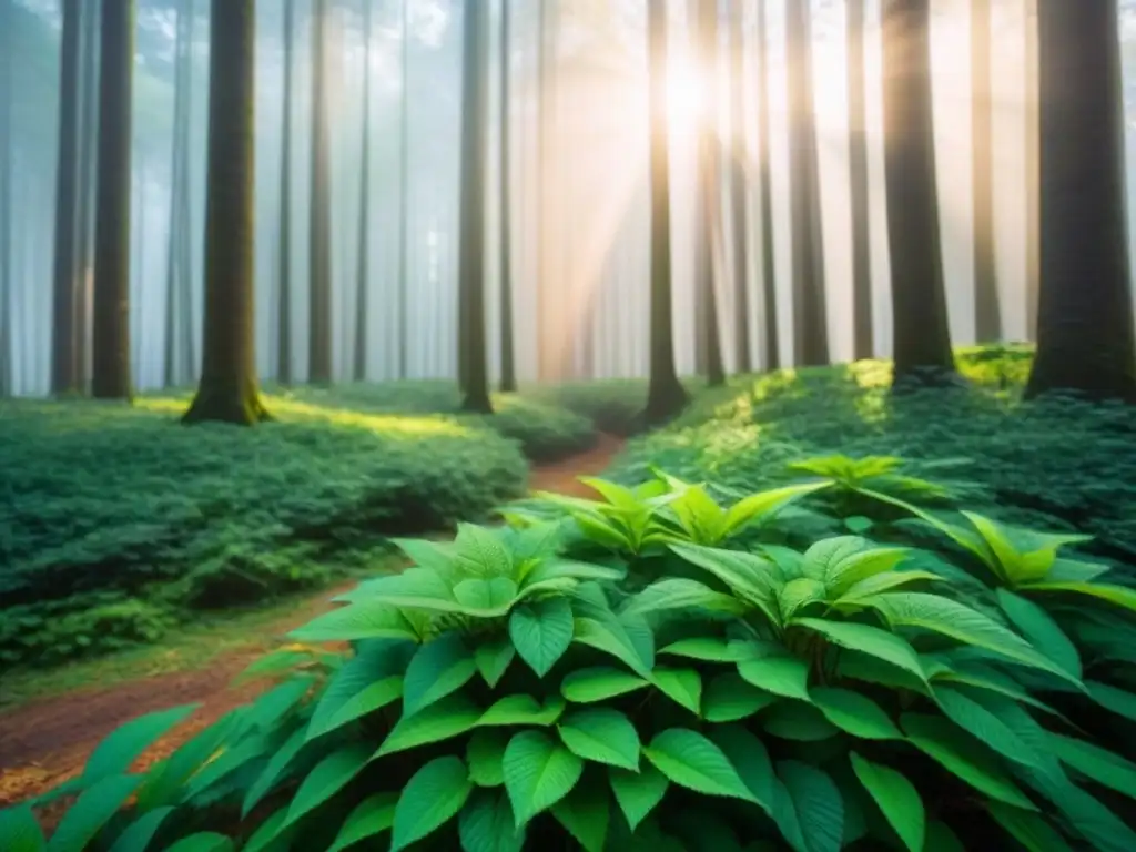 Bosque verde sereno con luz filtrada entre hojas, reflejando paz y armonía