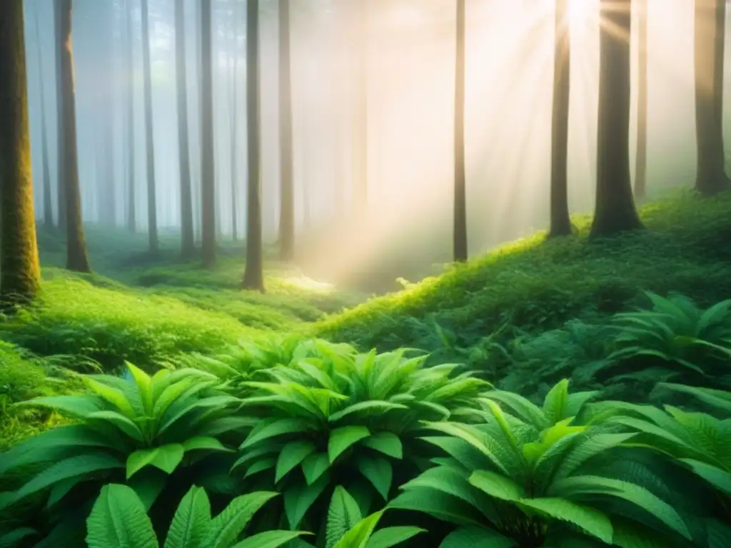 Bosque verde y sereno con luz filtrada entre hojas, reflejando la frescura y pureza de desodorantes ecológicos efectivos y naturales