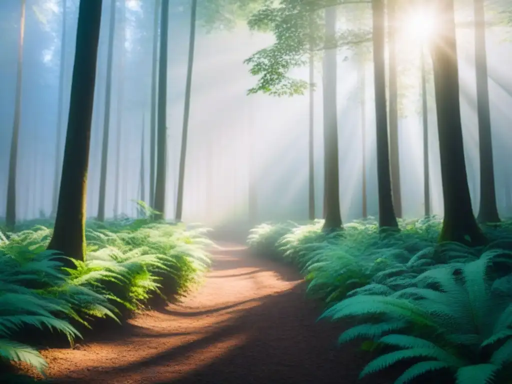 Un bosque verde y sereno con luz solar filtrándose a través de las hojas, creando sombras moteadas en el suelo del bosque