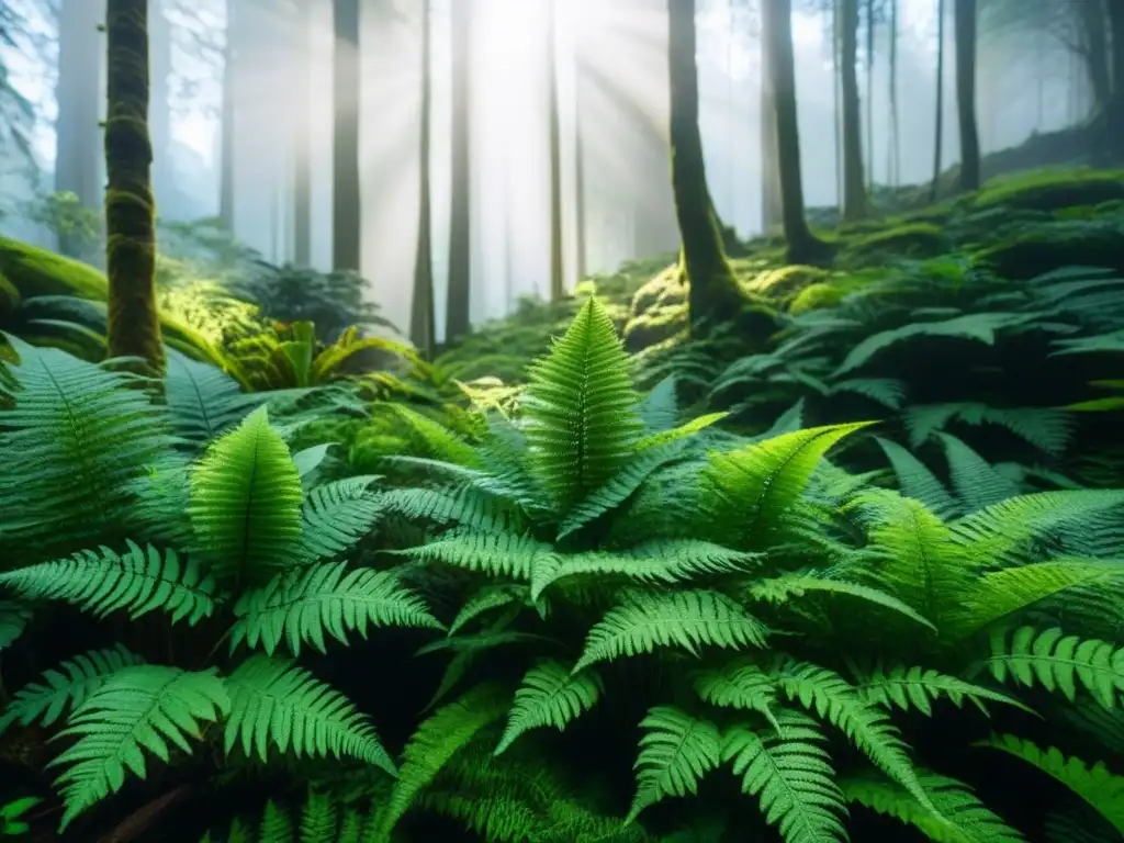 Bosque verde sereno con rayos de sol filtrándose entre el dosel, reflejando la belleza natural y beneficios de bonos verdes transición energética