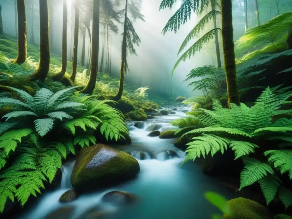 Un bosque verde vibrante con árboles altos, un arroyo cristalino y vida silvestre en armonía