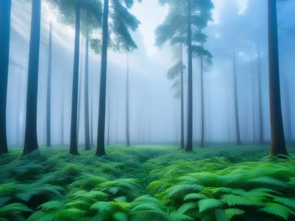 Un bosque verde vibrante con árboles majestuosos bajo cielo azul claro, evocando armonía y sostenibilidad