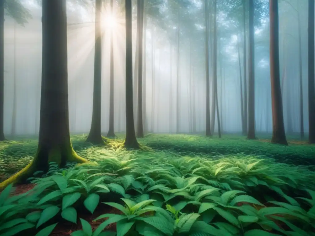 Un bosque verde vibrante iluminado por el sol, reflejando la tranquilidad de la naturaleza