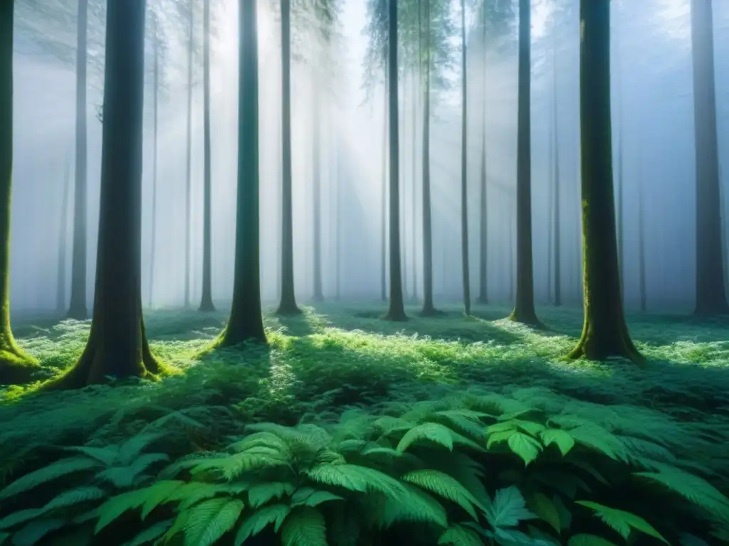 Un bosque verde vibrante iluminado por los rayos del sol, creando un juego de luces y sombras