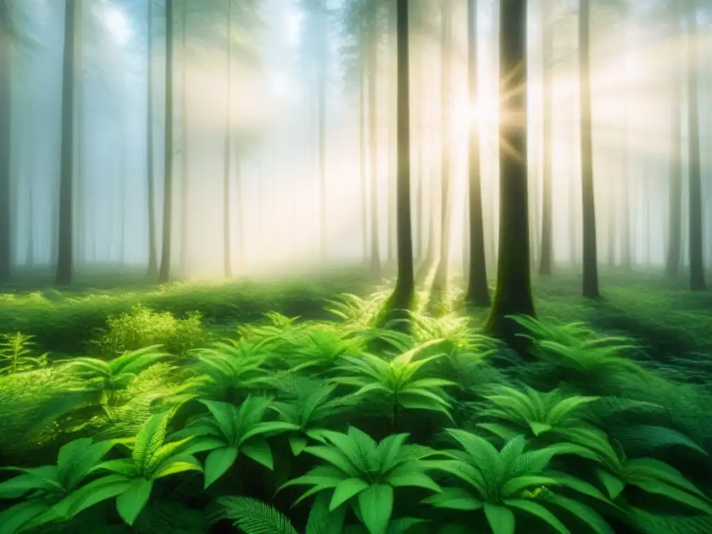 Un bosque verde vibrante iluminado por el sol, resaltando la belleza de la naturaleza en el contexto de la moda sostenible y el cambio climático