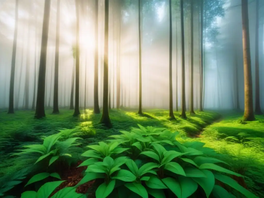 Un bosque verde vibrante iluminado por el sol, reflejando la belleza de la naturaleza