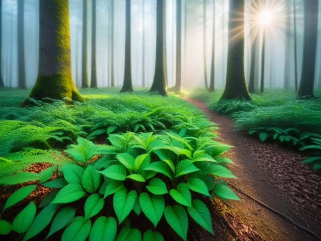 Un bosque verde vibrante iluminado por el sol, creando patrones en el suelo