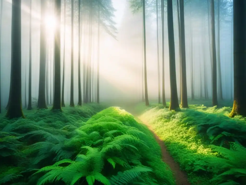 Un bosque verde vibrante con luz solar filtrándose entre las hojas, inspirando tintes capilares ecológicos sostenibles