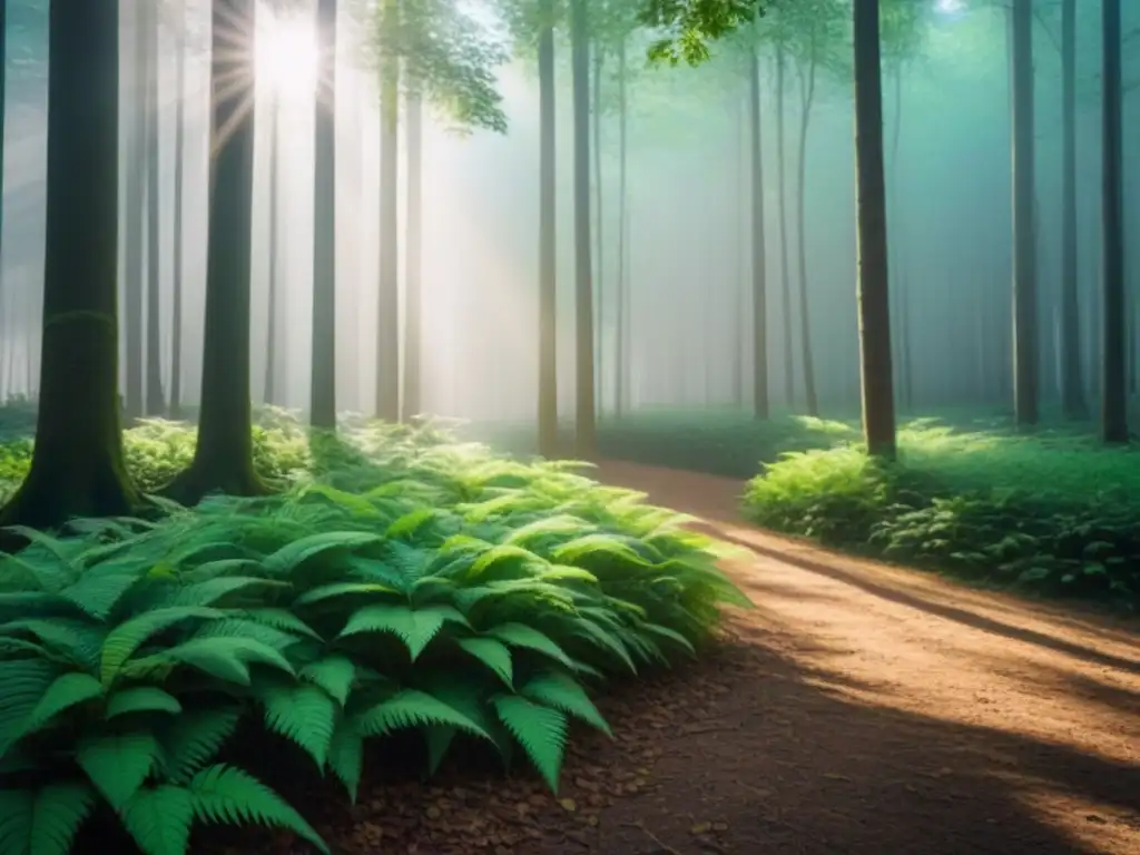 Bosque verde vibrante con luz solar filtrándose entre las hojas, creando sombras en el suelo