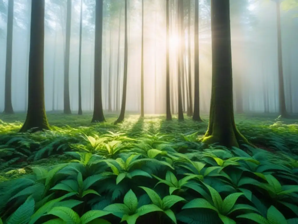 Bosque verde vibrante: armonía y naturaleza Un bosque verde vibrante con luz solar filtrándose entre las hojas, creando sombras en el suelo