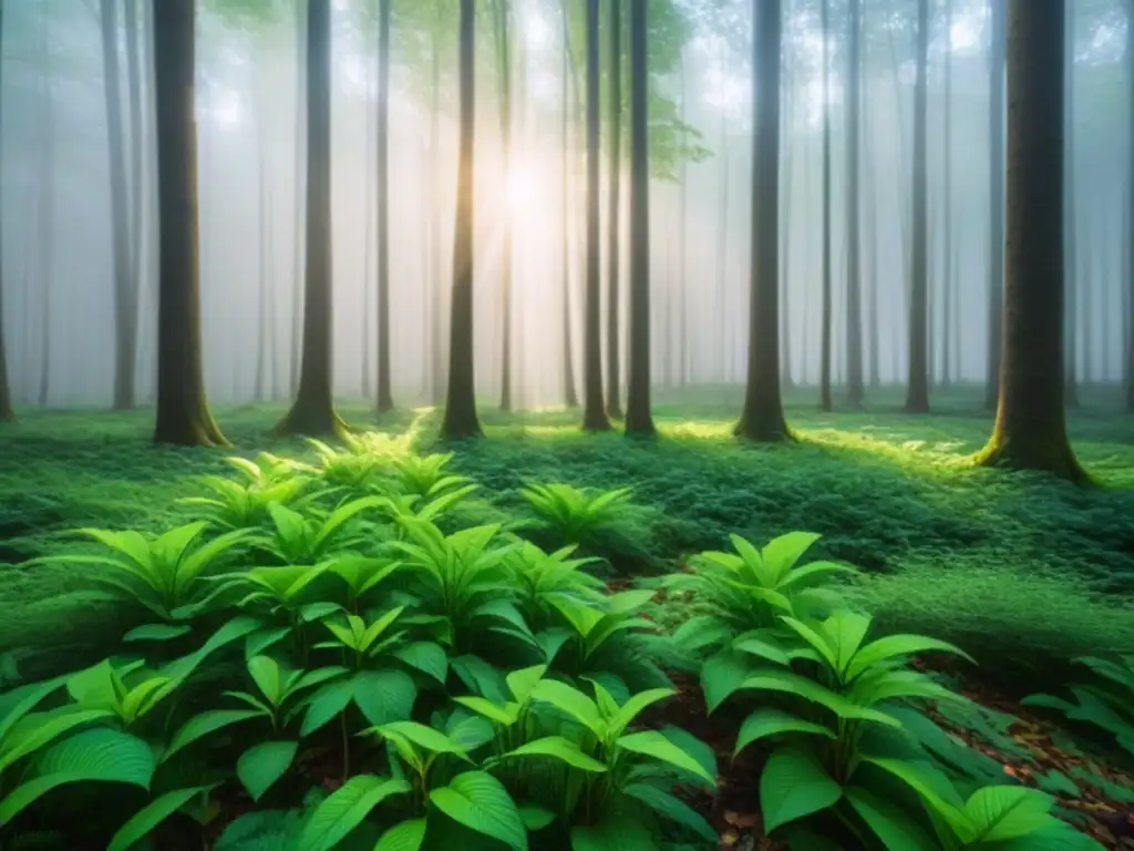 Un bosque verde vibrante con luz solar entre las hojas, sombras en el suelo