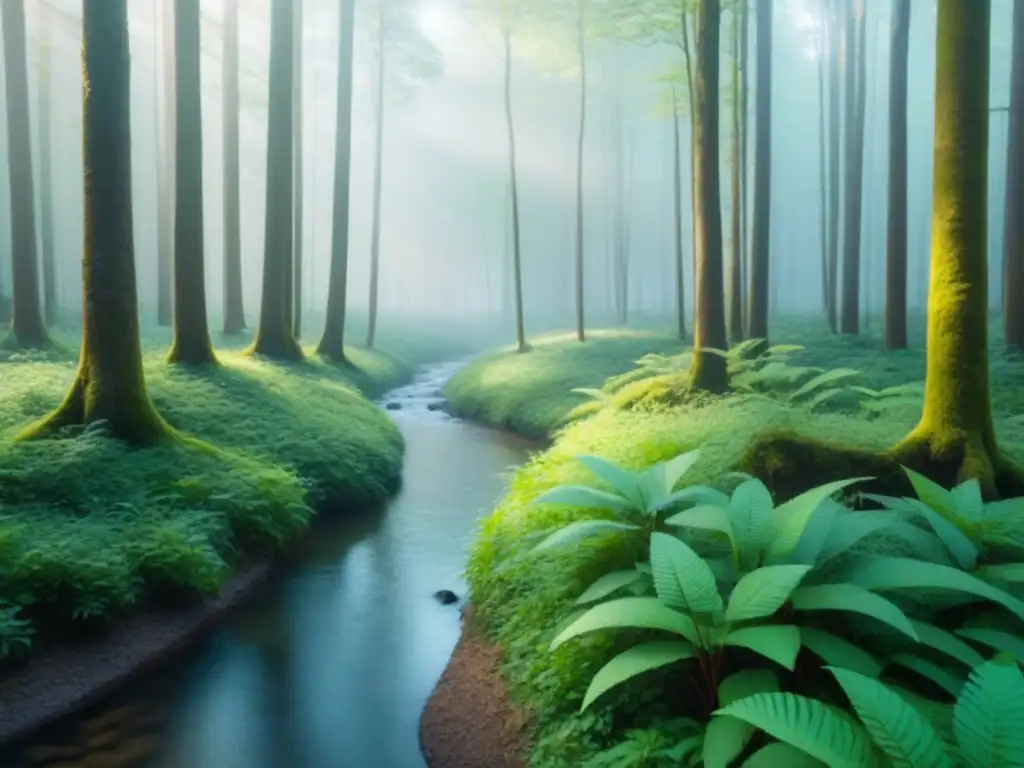 Un bosque verde vibrante con luz solar filtrándose entre el dosel, creando sombras en el suelo