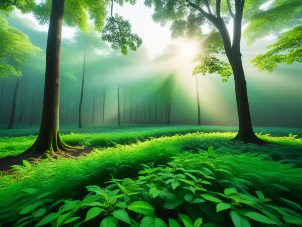 Un bosque verde vibrante con patrones detallados de hojas y ramas, una fusión armoniosa de naturaleza y arte