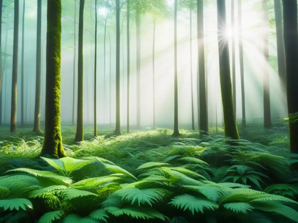 Un bosque verde vibrante con rayos de sol filtrándose entre el dosel, creando una atmósfera serena